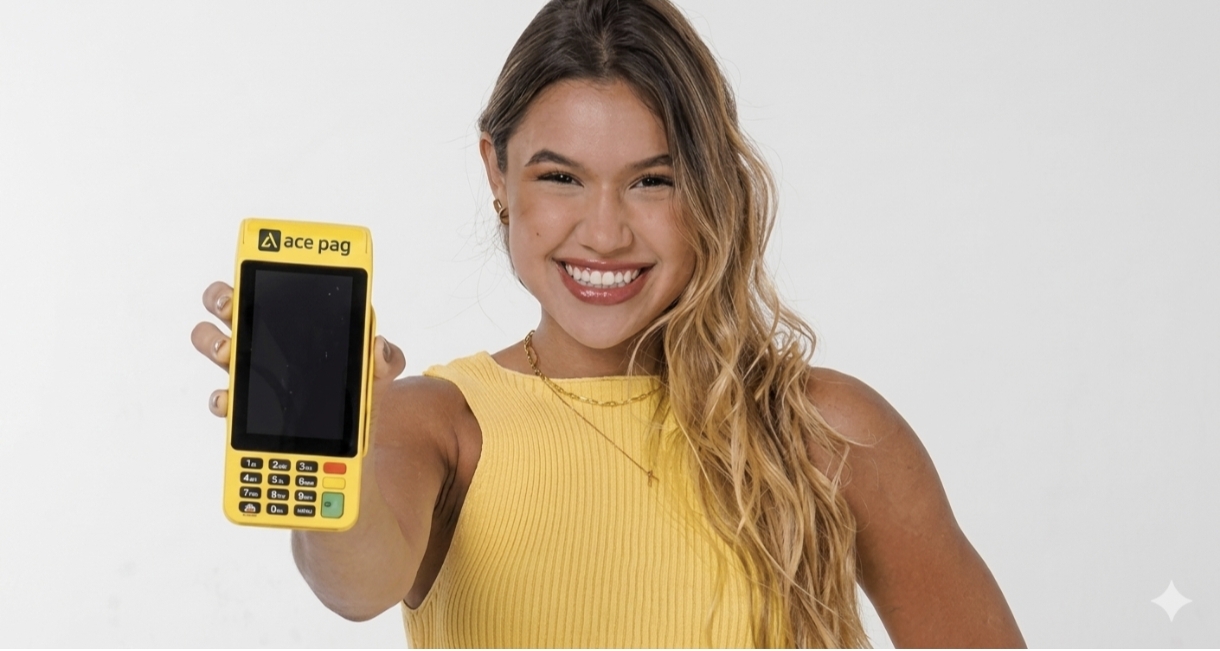 Cliente sorrindo segurando a maquininha Ace Pag amarela